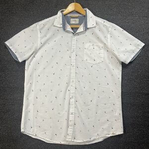 Free Planet Mens LG Button Up Shirt White Hawaiian‎ Print Hula Palm Cotton Beach